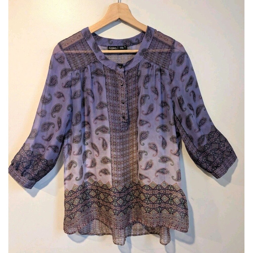 Gypsy 100% Silk Sheer Peasant Top M Ombre Purple Paisley Bohemian Flowy Hippy